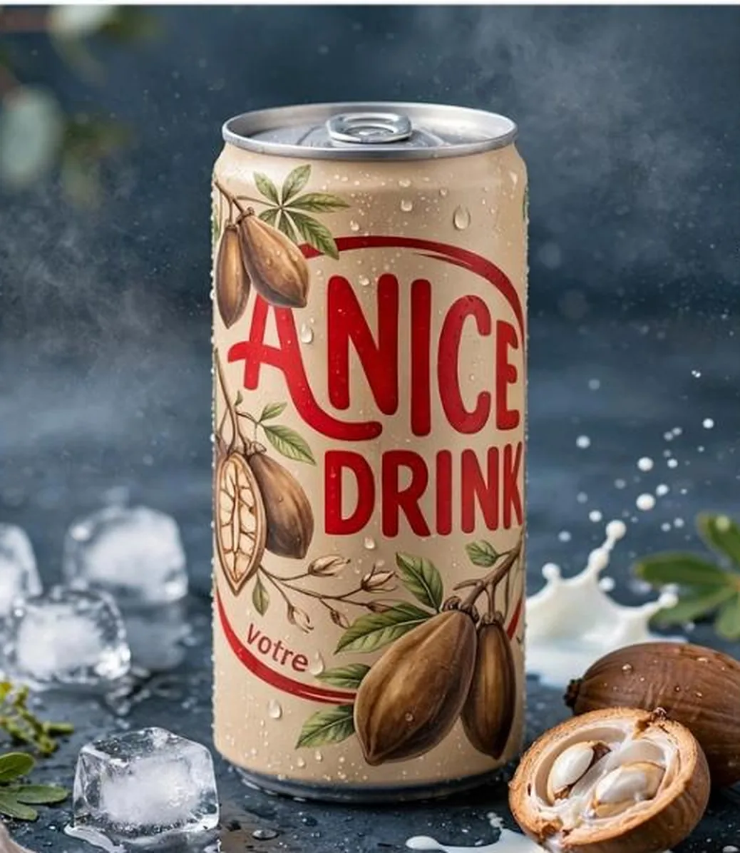 Canette ANICE DRINK Baobab givrée, posée sur une pierre humide avec des glaçons et un fruit de baobab ouvert