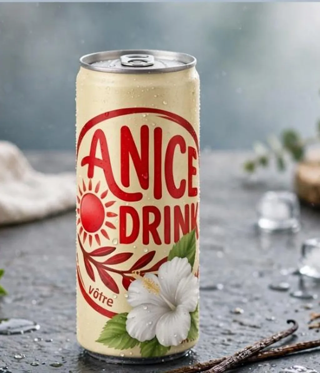 Canette ANICE DRINK Bissap (hibiscus) Blanc givrée, avec une fleur d'hibiscus blanche et des gousses de vanille