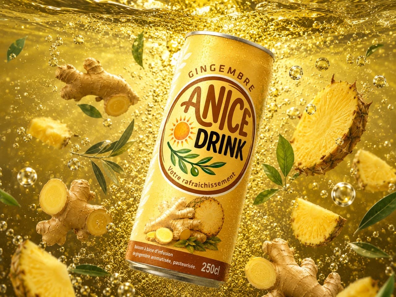Canette ANICE DRINK Gingembre Doré dans une mise en scène aquatique avec gingembre et ananas