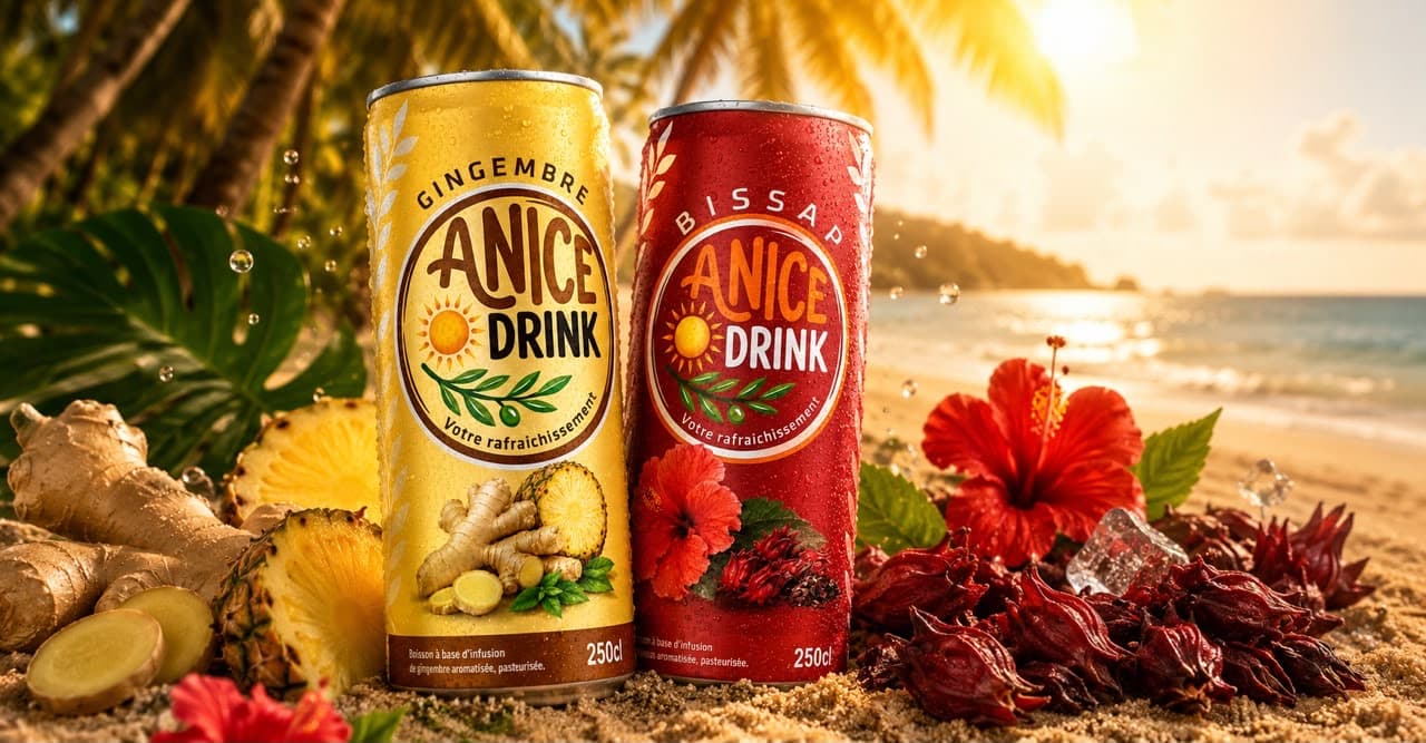 Les canettes ANICE DRINK Gingembre Doré et Bissap Rouge sur une plage
